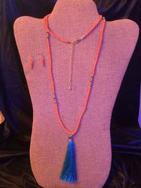 Orange and turquoise tassle necklace and earrings 202//269